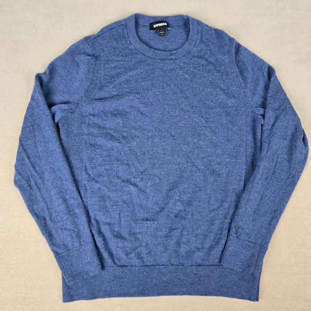 Express Mens Blue 100% Merino Wool Crew Neck Sweater ID 6077 Size M